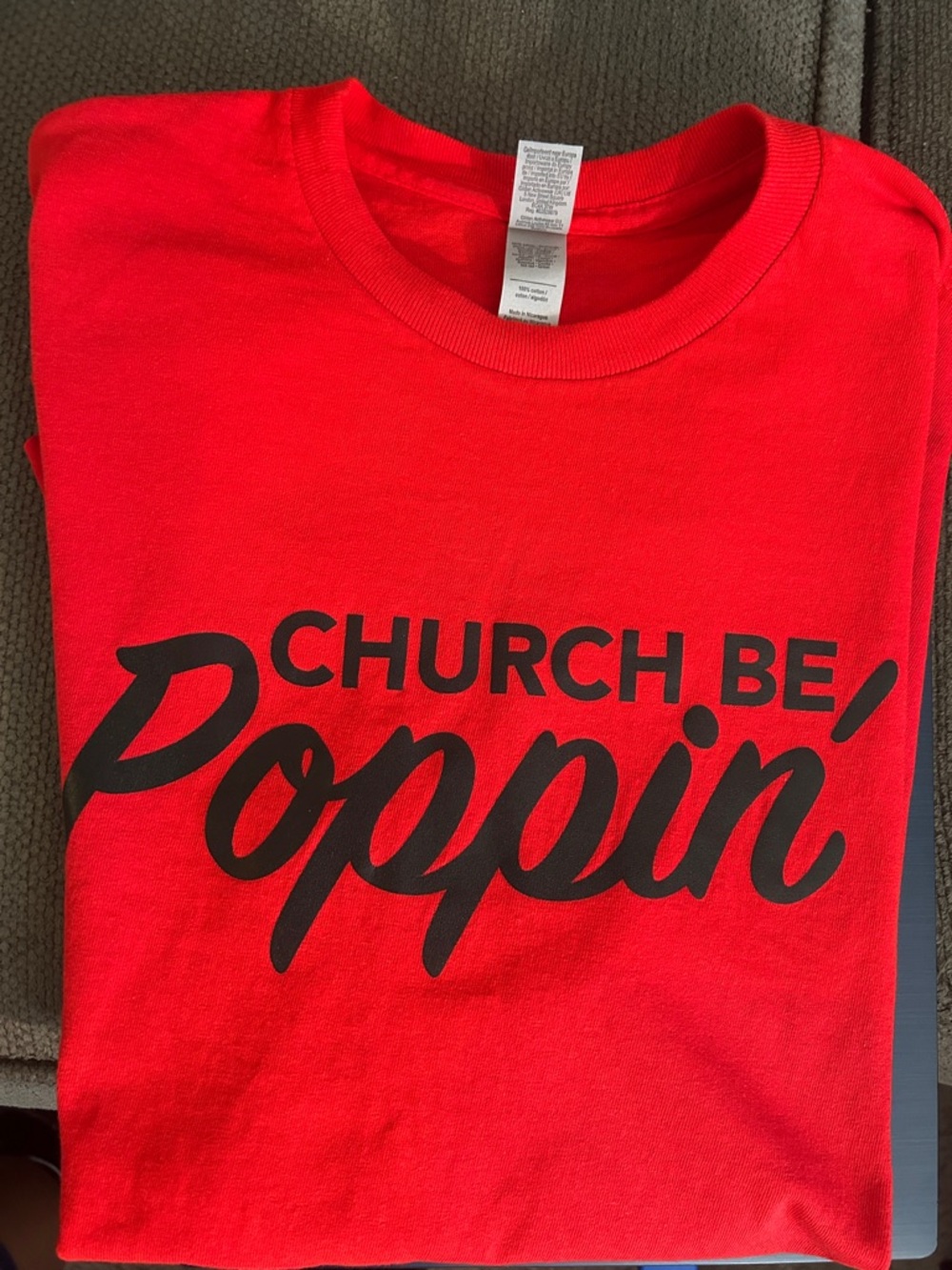 Gildan Red Short Sleeve Tee with Black "Church Be Poppin'" Graphic